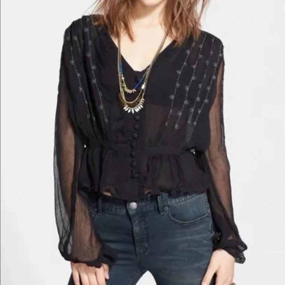Free People Sheer Boho XS Black Lace Button Front Peplum Top Grunge